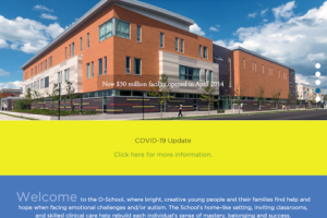 Picture of a building with a yellow and blue stripe with the the text "COVID-19 Update"