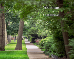 Picture of a sidewalk with trees and a text showing "Welcome to the Neighborhood"